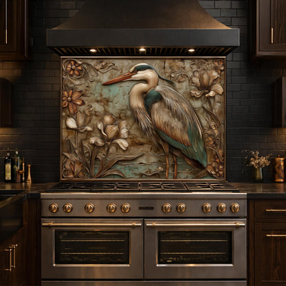 Blue Heron Tempered Glass Backsplash, Copper Look Botanical Bird Wall Panel, Custom, Heat Resistant