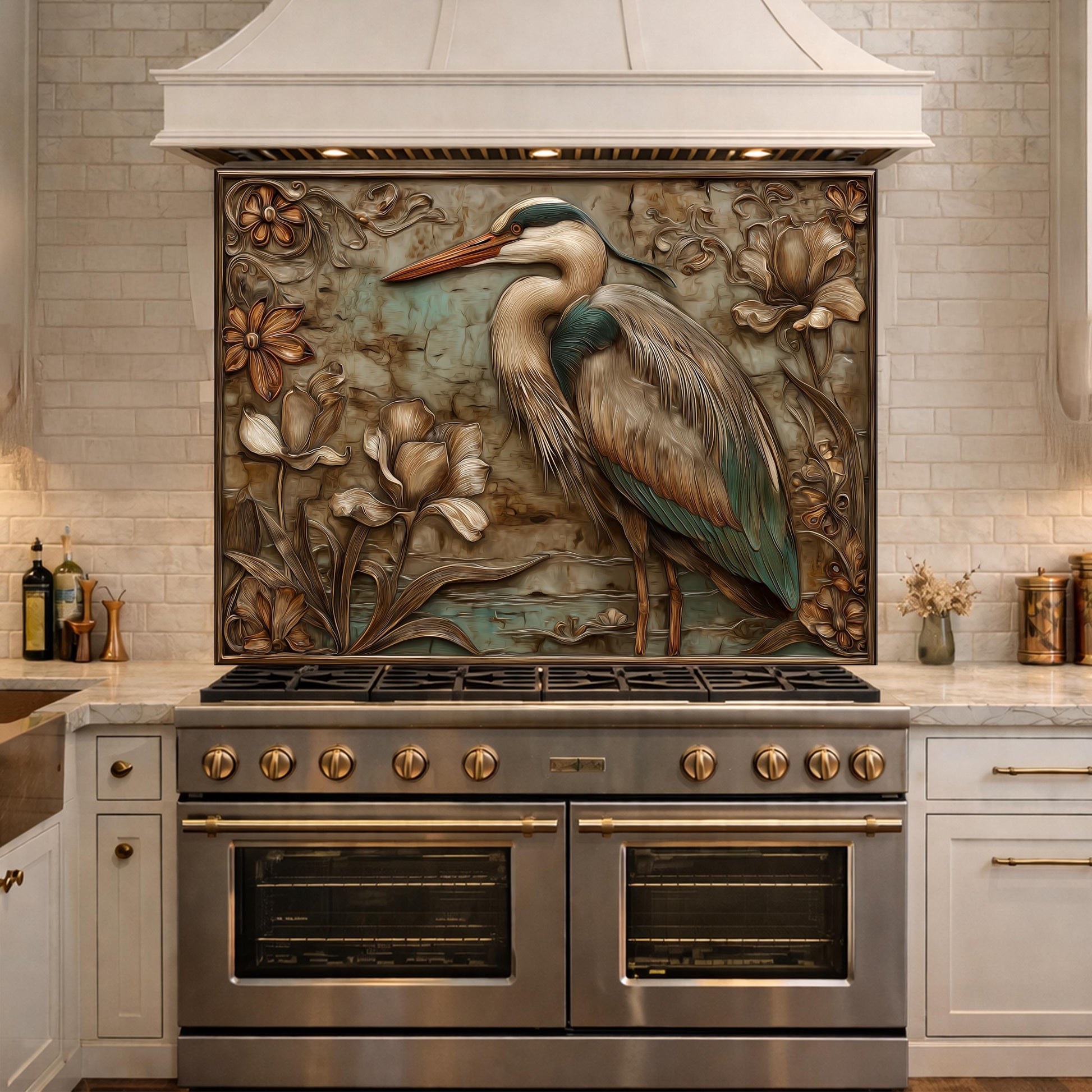 Blue Heron Tempered Glass Backsplash, Copper Look Botanical Bird Wall Panel, Custom, Heat Resistant