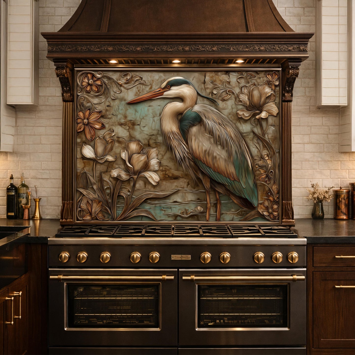 Blue Heron Tempered Glass Backsplash, Copper Look Botanical Bird Wall Panel, Custom, Heat Resistant