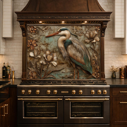 Blue Heron Tempered Glass Backsplash, Copper Look Botanical Bird Wall Panel, Custom, Heat Resistant