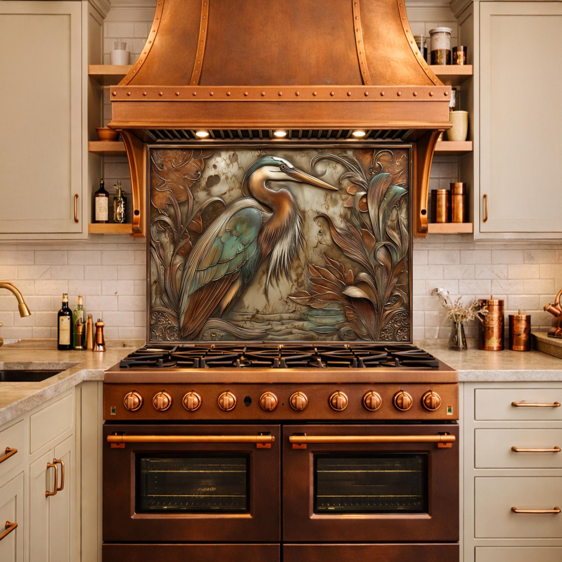 Blue Heron Tempered Glass Backsplash, Copper Botanical Bird Wall Panel, Custom Size
