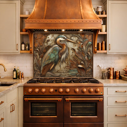 Blue Heron Tempered Glass Backsplash, Copper Botanical Bird Wall Panel, Custom Size