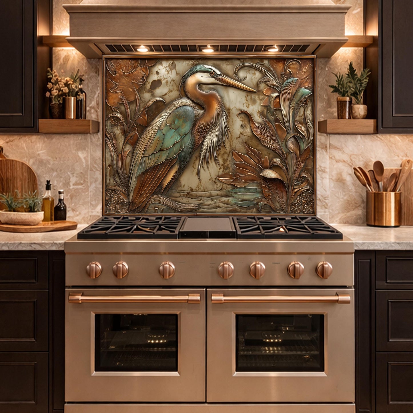 Blue Heron Tempered Glass Backsplash, Copper Botanical Bird Wall Panel, Custom Size