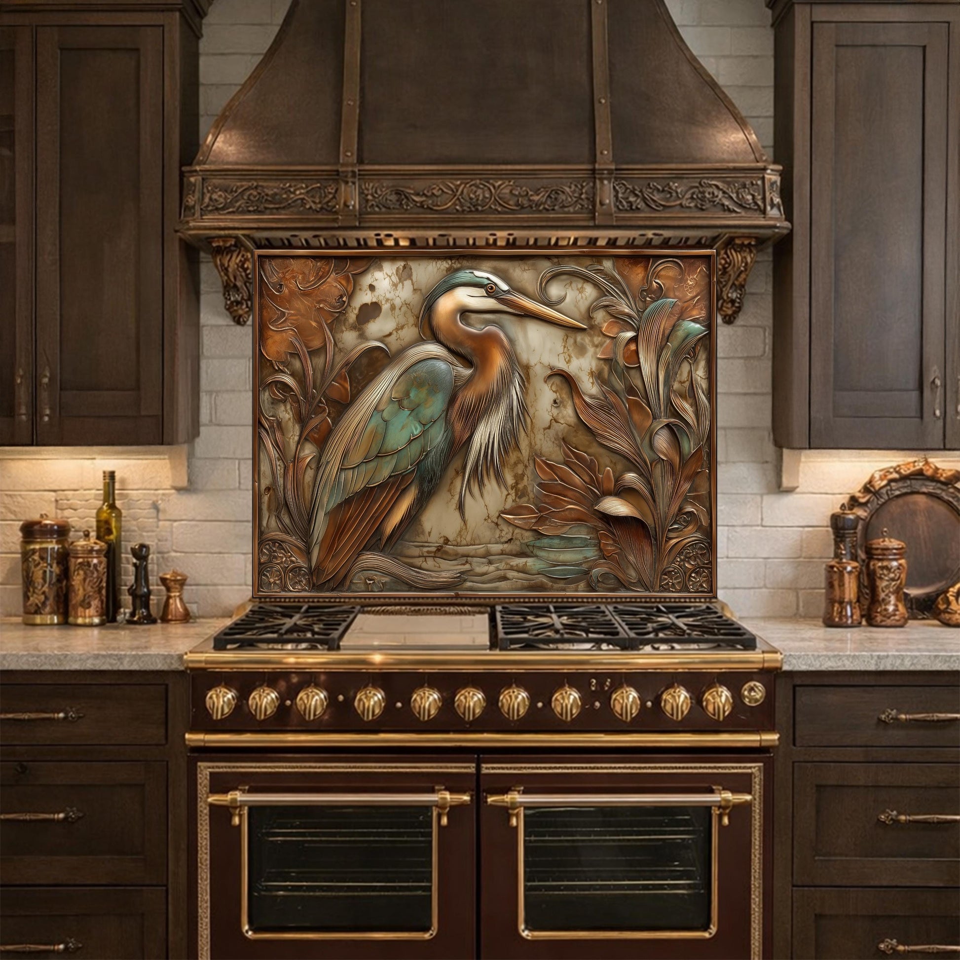 Blue Heron Tempered Glass Backsplash, Copper Botanical Bird Wall Panel, Custom Size
