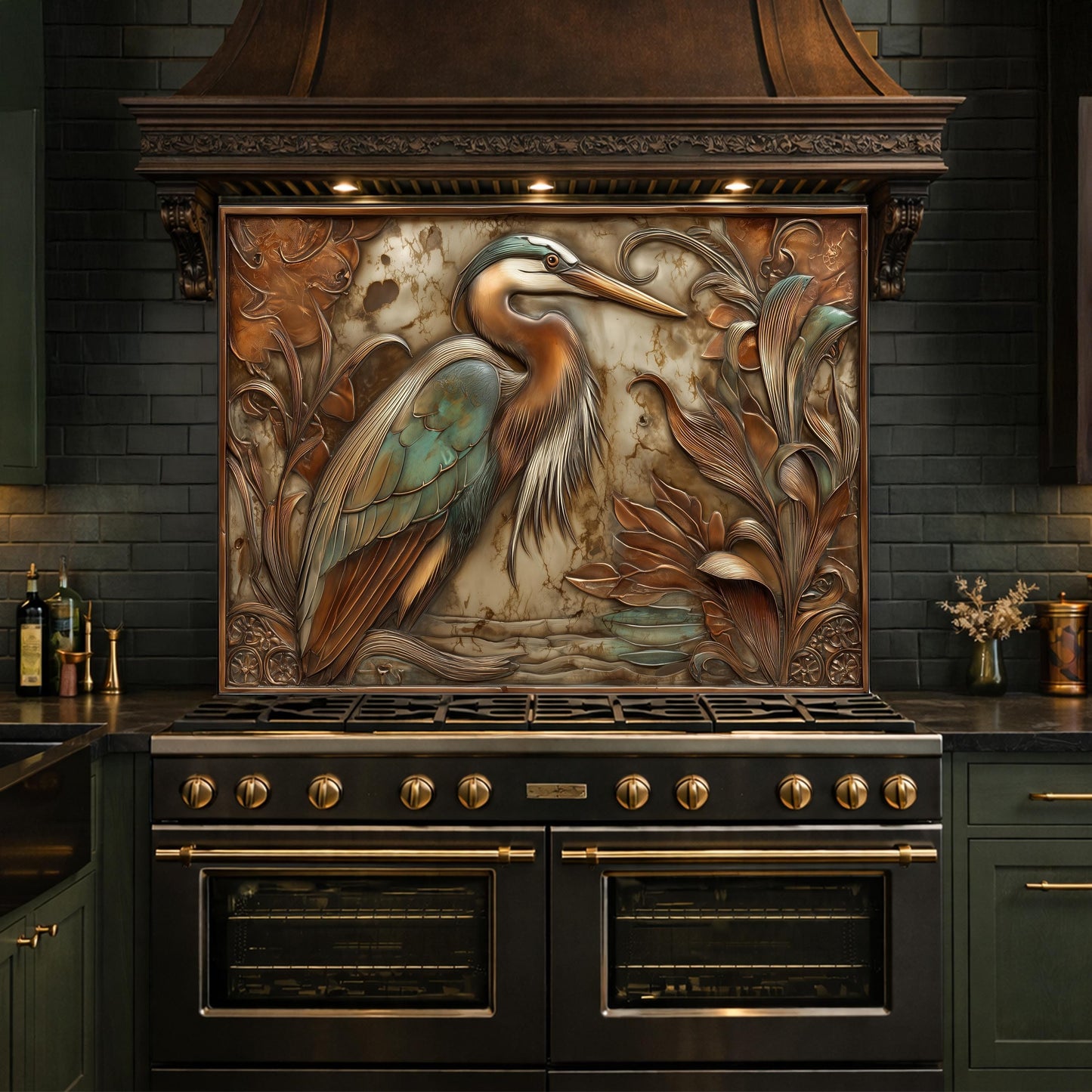 Blue Heron Tempered Glass Backsplash, Copper Botanical Bird Wall Panel, Custom Size