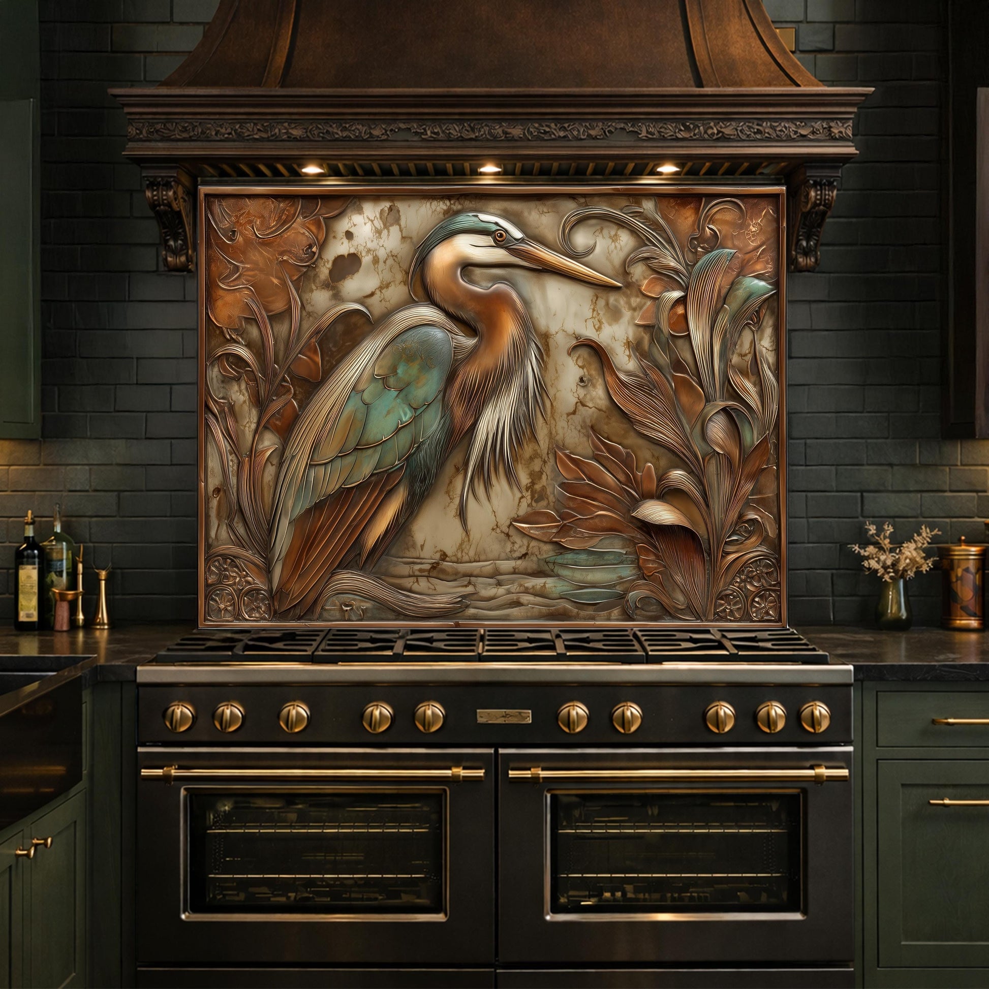 Blue Heron Tempered Glass Backsplash, Copper Botanical Bird Wall Panel, Custom Size
