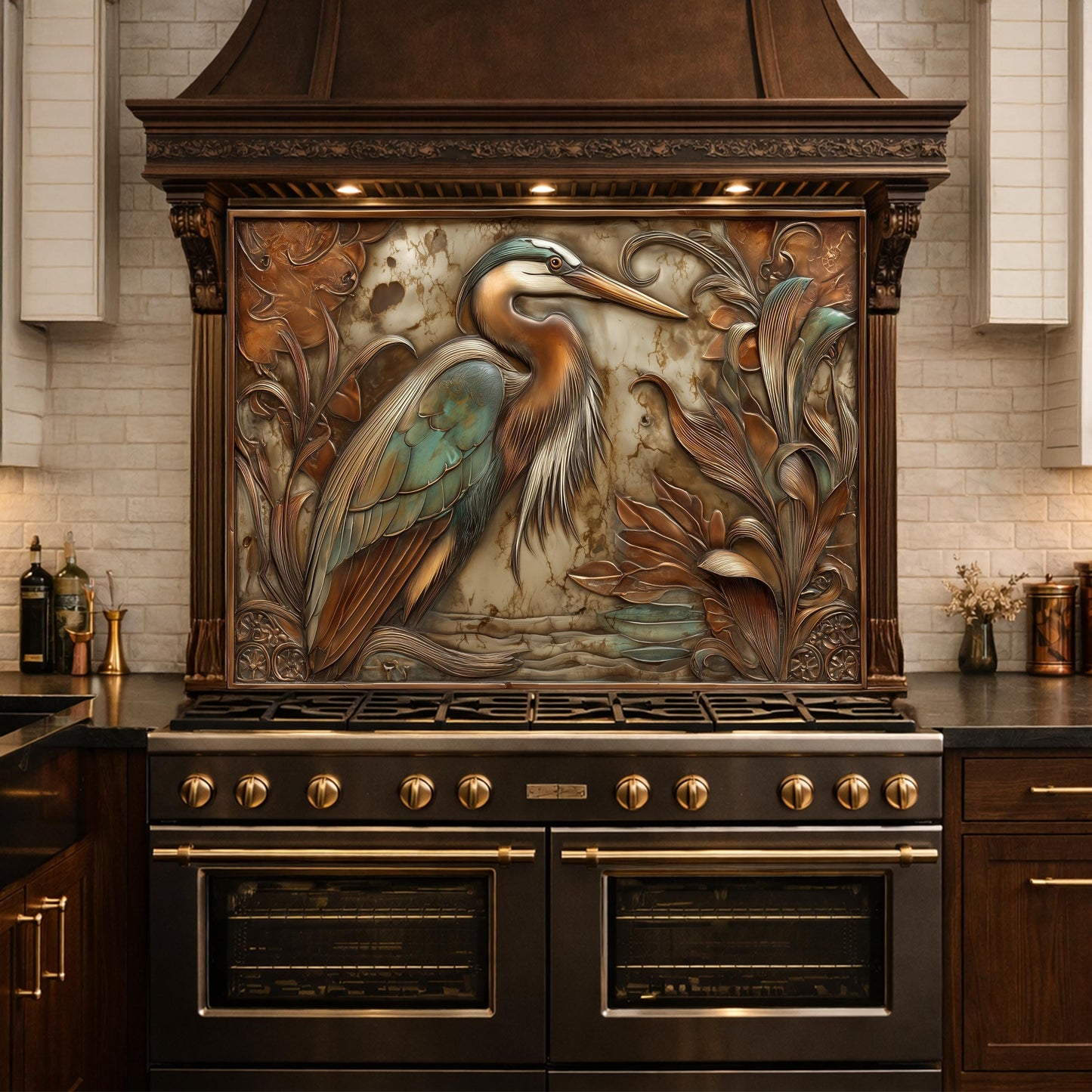 Blue Heron Tempered Glass Backsplash, Copper Botanical Bird Wall Panel, Custom Size