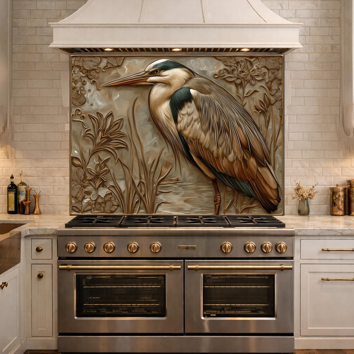 Blue Heron Tempered Glass Backsplash, Copper Look Wetland Wall Panel