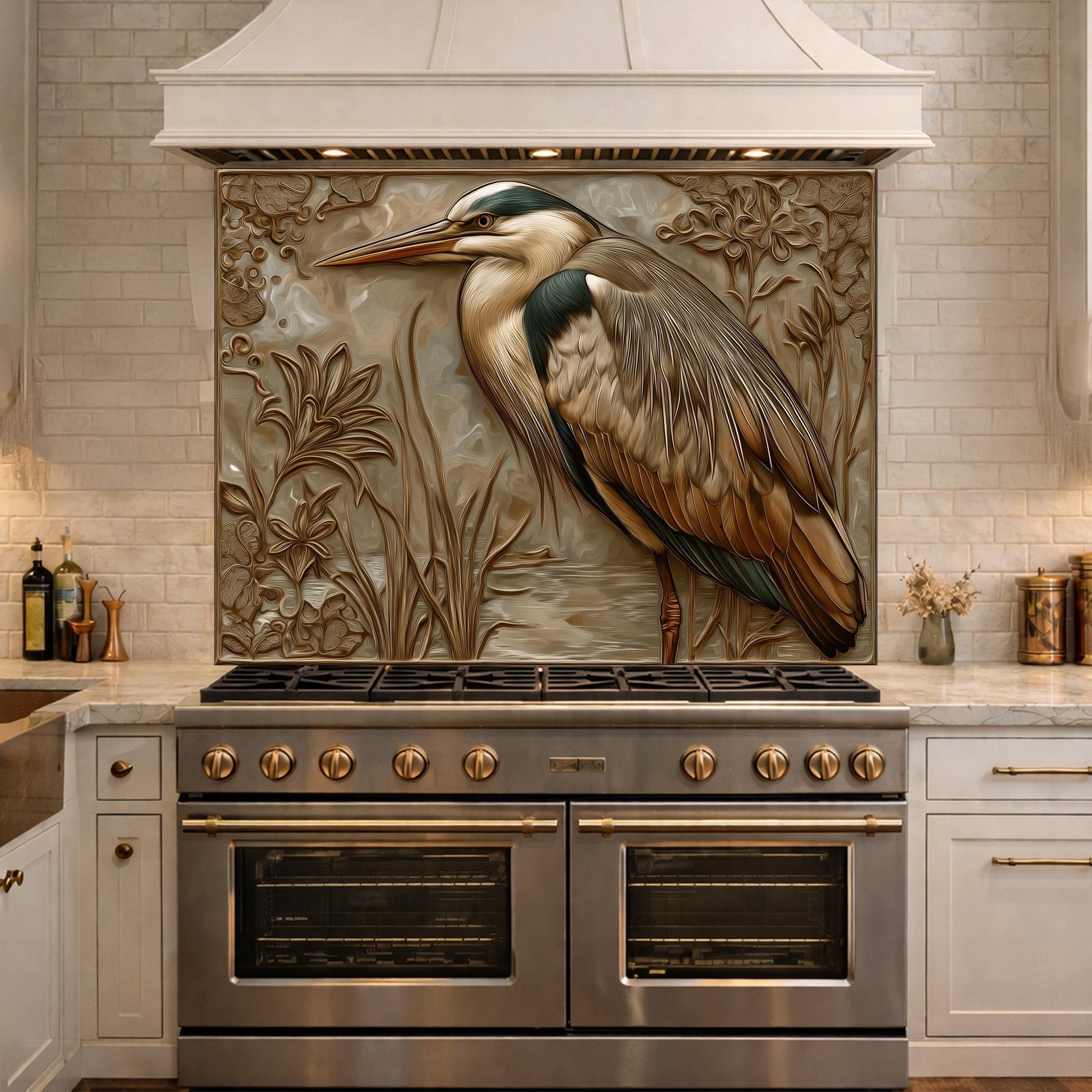 Blue Heron Tempered Glass Backsplash, Copper Look Wetland Wall Panel