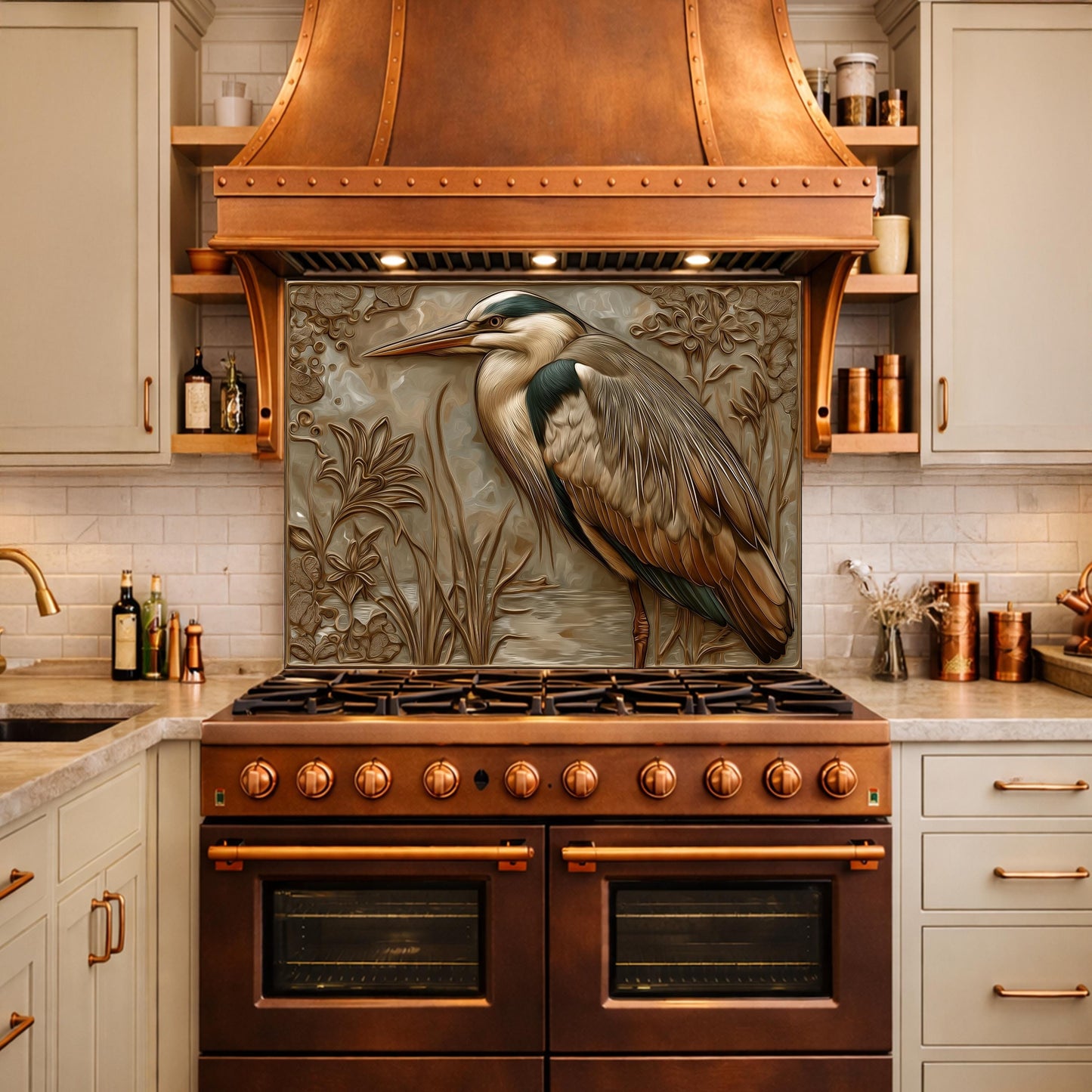 Blue Heron Tempered Glass Backsplash, Copper Look Wetland Wall Panel