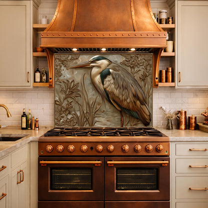 Blue Heron Tempered Glass Backsplash, Copper Look Wetland Wall Panel