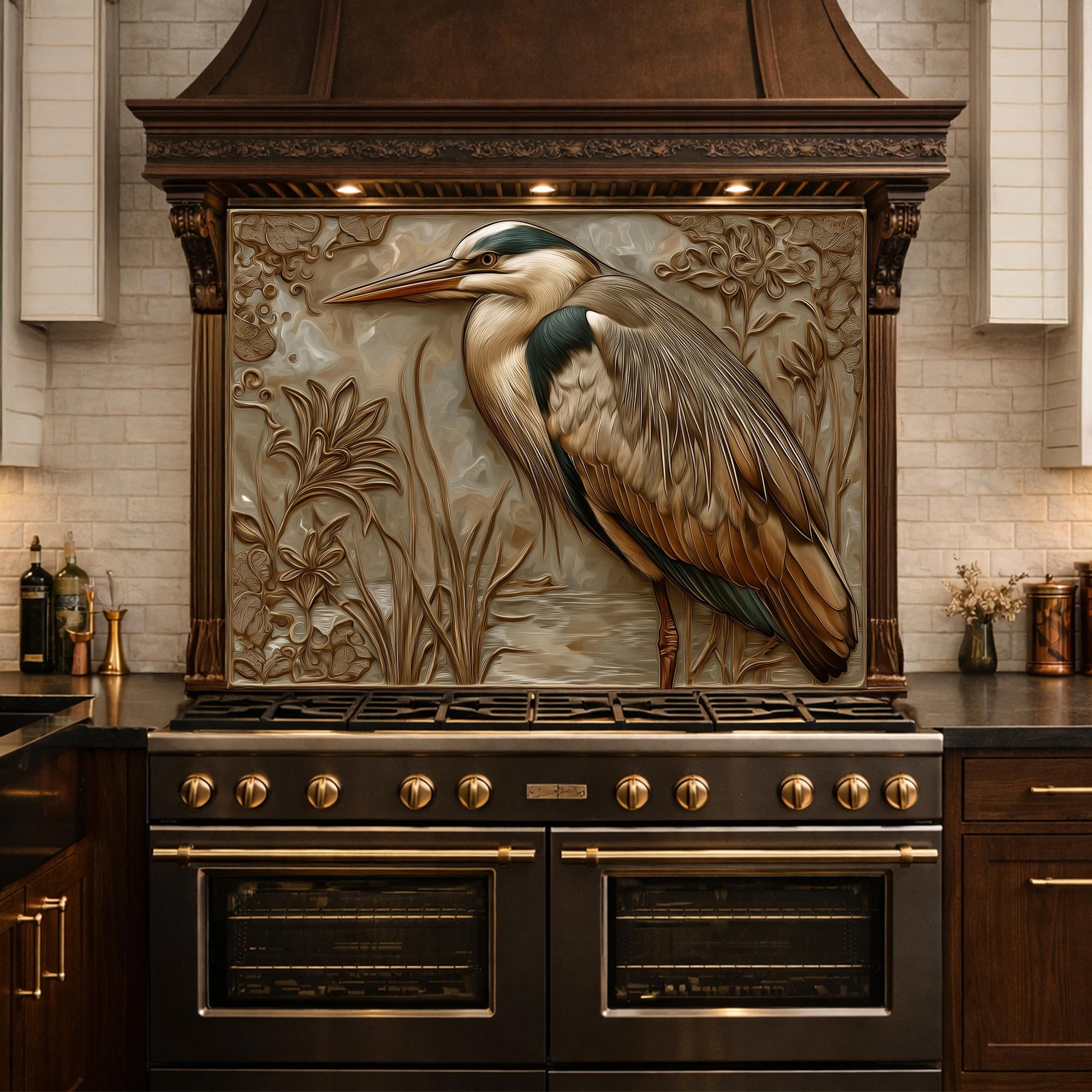 Blue Heron Tempered Glass Backsplash, Copper Look Wetland Wall Panel