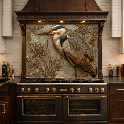 Blue Heron Tempered Glass Backsplash, Copper Look Wetland Wall Panel