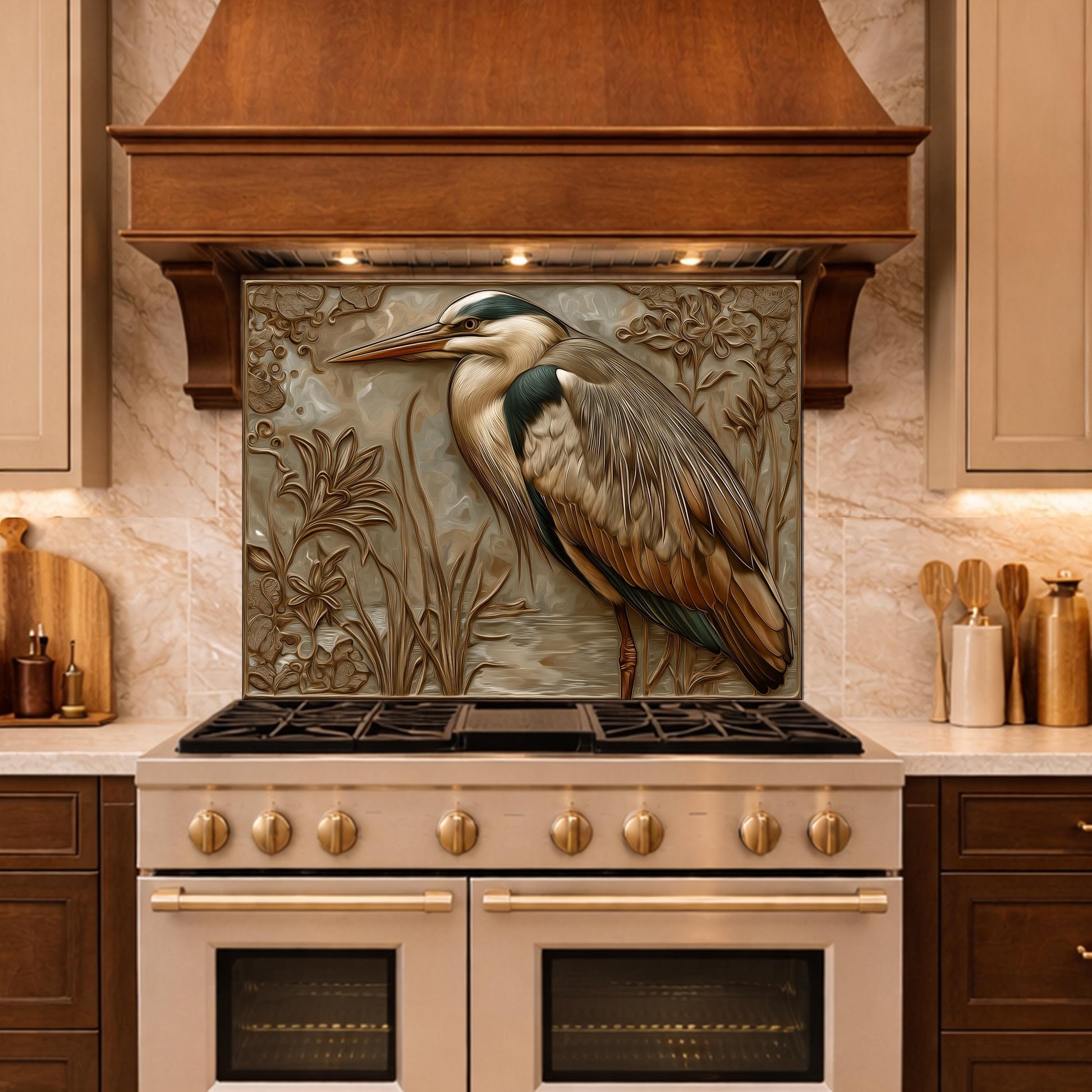 Blue Heron Tempered Glass Backsplash, Copper Look Wetland Wall Panel