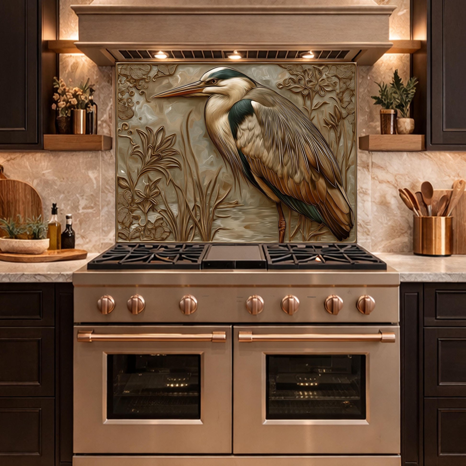 Blue Heron Tempered Glass Backsplash, Copper Look Wetland Wall Panel