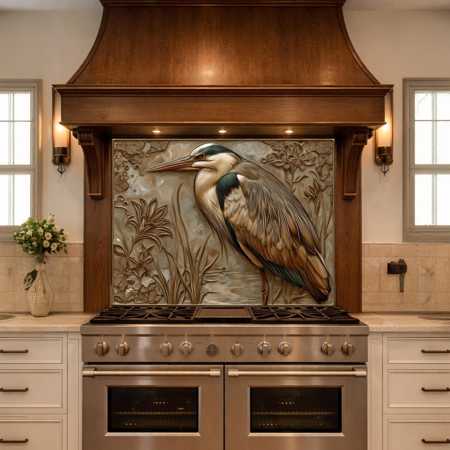 Blue Heron Tempered Glass Backsplash, Copper Look Wetland Wall Panel