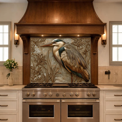 Blue Heron Tempered Glass Backsplash, Copper Look Wetland Wall Panel