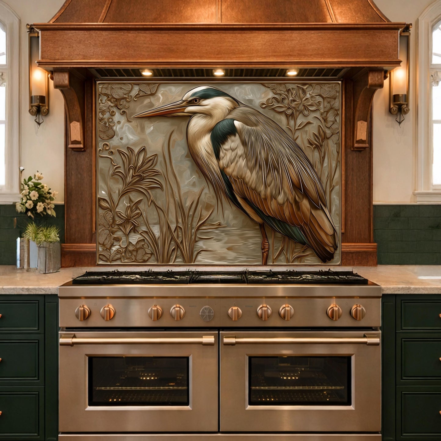 Blue Heron Tempered Glass Backsplash, Copper Look Wetland Wall Panel