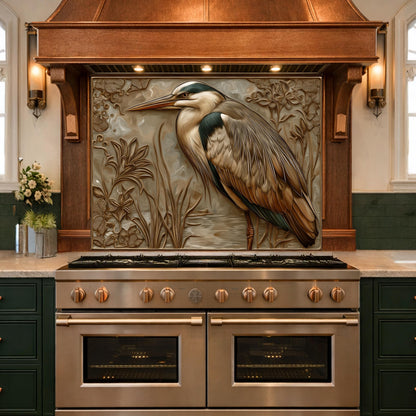 Blue Heron Tempered Glass Backsplash, Copper Look Wetland Wall Panel