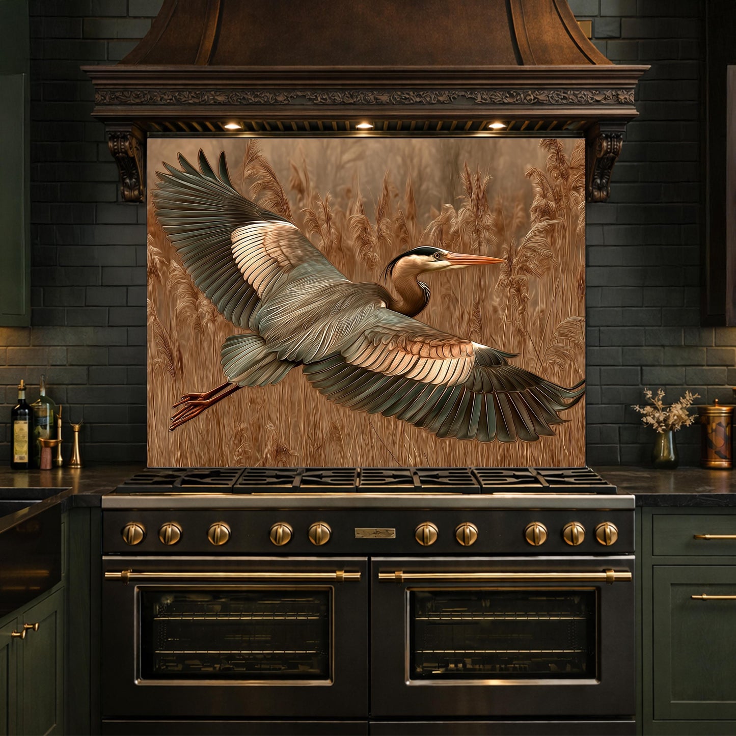Blue Heron Flight Tempered Glass Backsplash, Copper Look Wetland Bird Wall Panel, Heat Resistant