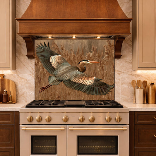 Blue Heron Flight Tempered Glass Backsplash, Copper Look Wetland Bird Wall Panel, Heat Resistant