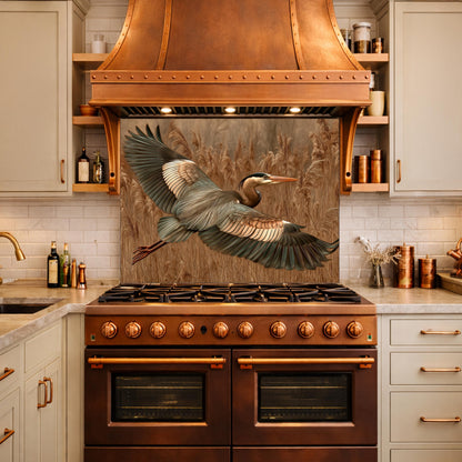 Blue Heron Flight Tempered Glass Backsplash, Copper Look Wetland Bird Wall Panel, Heat Resistant