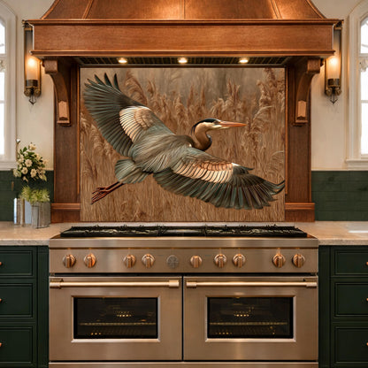 Blue Heron Flight Tempered Glass Backsplash, Copper Look Wetland Bird Wall Panel, Heat Resistant