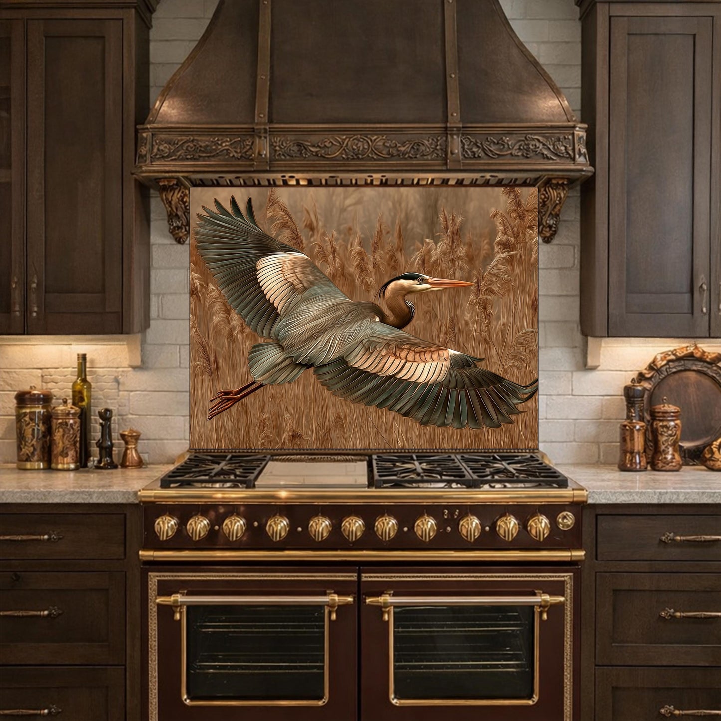 Blue Heron Flight Tempered Glass Backsplash, Copper Look Wetland Bird Wall Panel, Heat Resistant