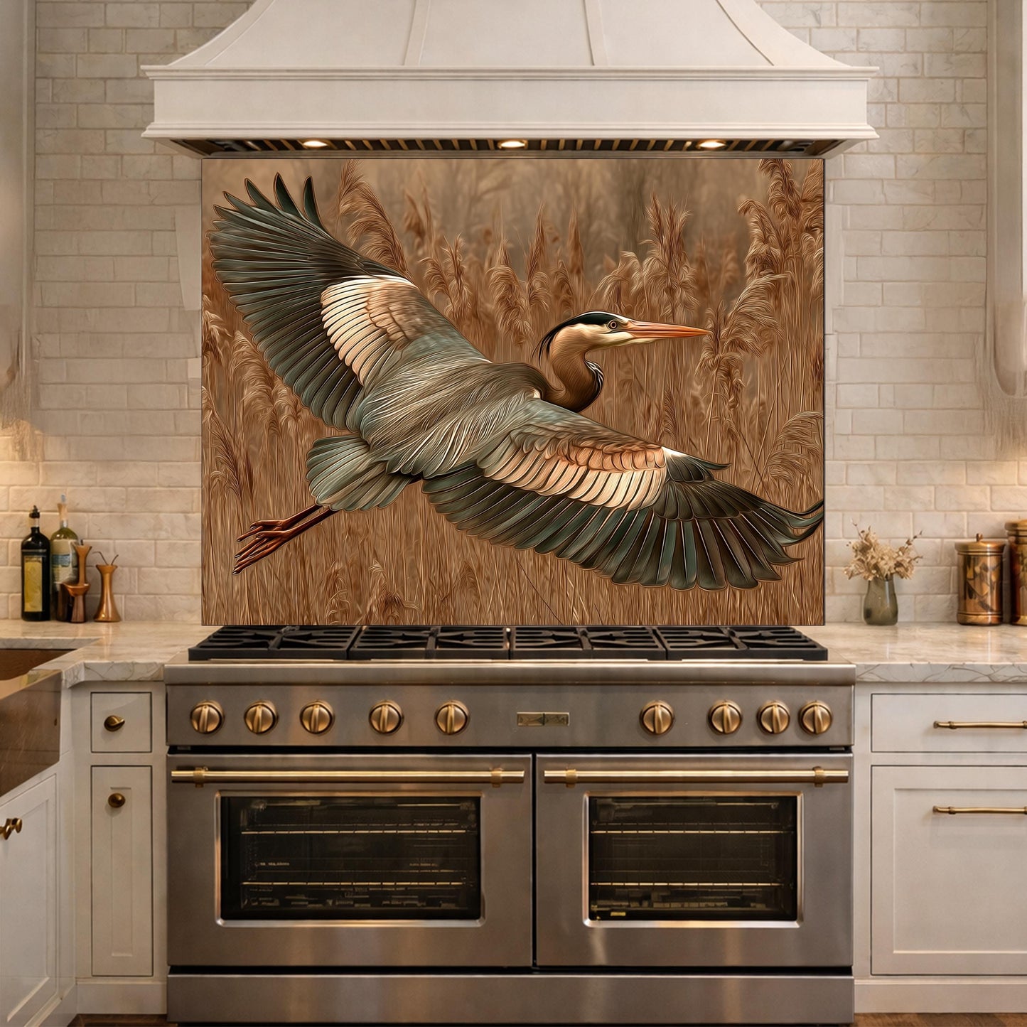 Blue Heron Flight Tempered Glass Backsplash, Copper Look Wetland Bird Wall Panel, Heat Resistant
