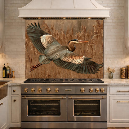Blue Heron Flight Tempered Glass Backsplash, Copper Look Wetland Bird Wall Panel, Heat Resistant