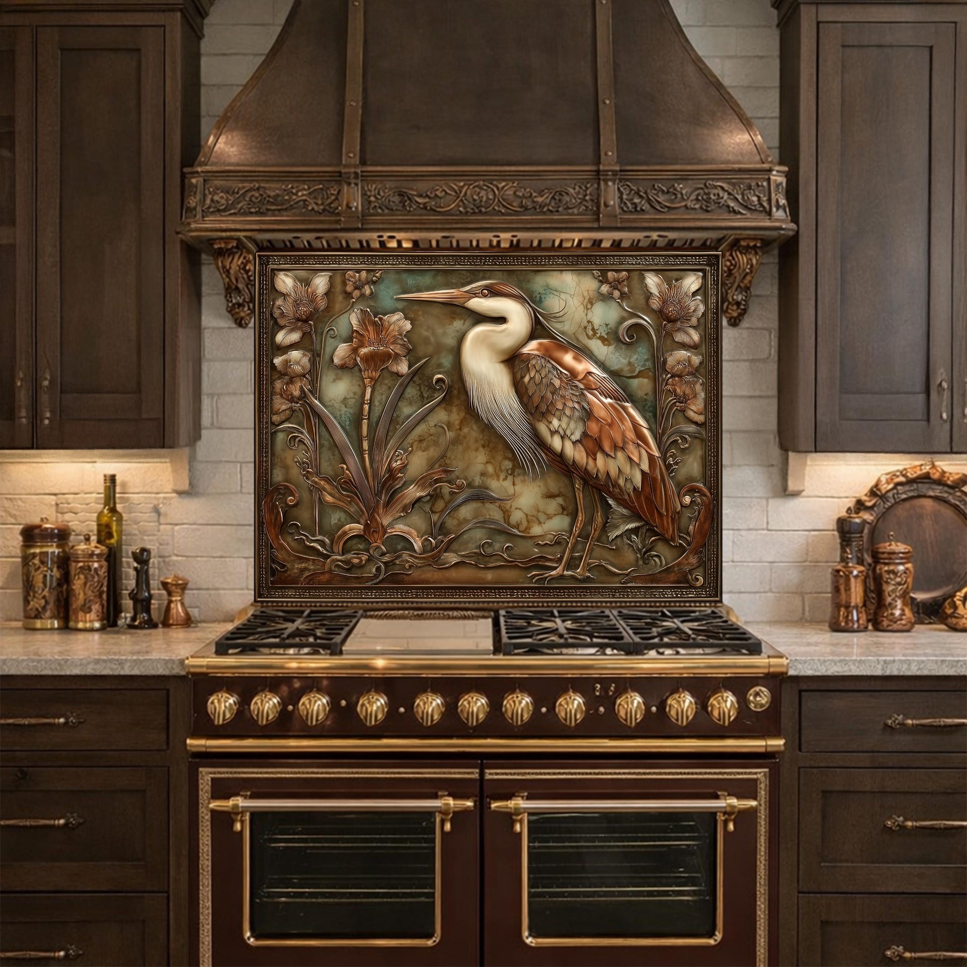 Blue Heron Botanical Tempered Glass Backsplash, Copper Look Floral Bird Wall Panel, Custom Size