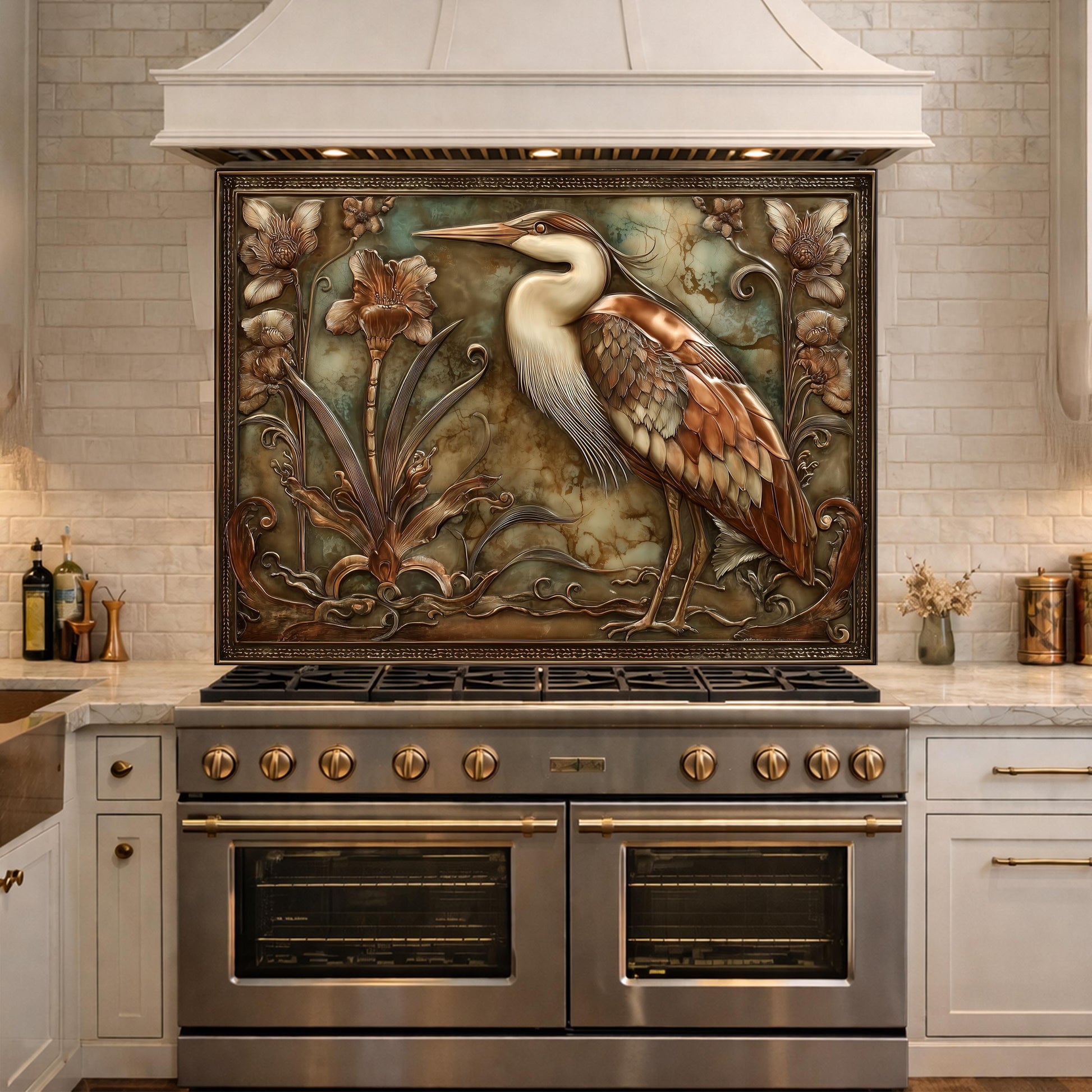Blue Heron Botanical Tempered Glass Backsplash, Copper Look Floral Bird Wall Panel, Custom Size