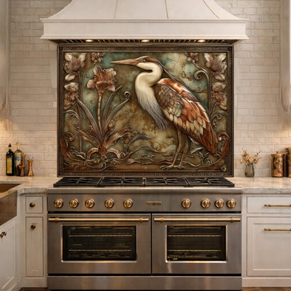 Blue Heron Botanical Tempered Glass Backsplash, Copper Look Floral Bird Wall Panel, Custom Size