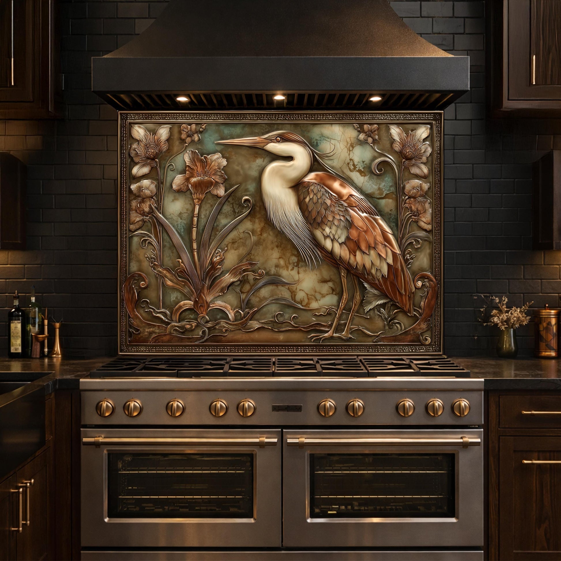 Blue Heron Botanical Tempered Glass Backsplash, Copper Look Floral Bird Wall Panel, Custom Size