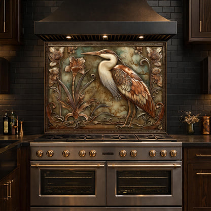 Blue Heron Botanical Tempered Glass Backsplash, Copper Look Floral Bird Wall Panel, Custom Size