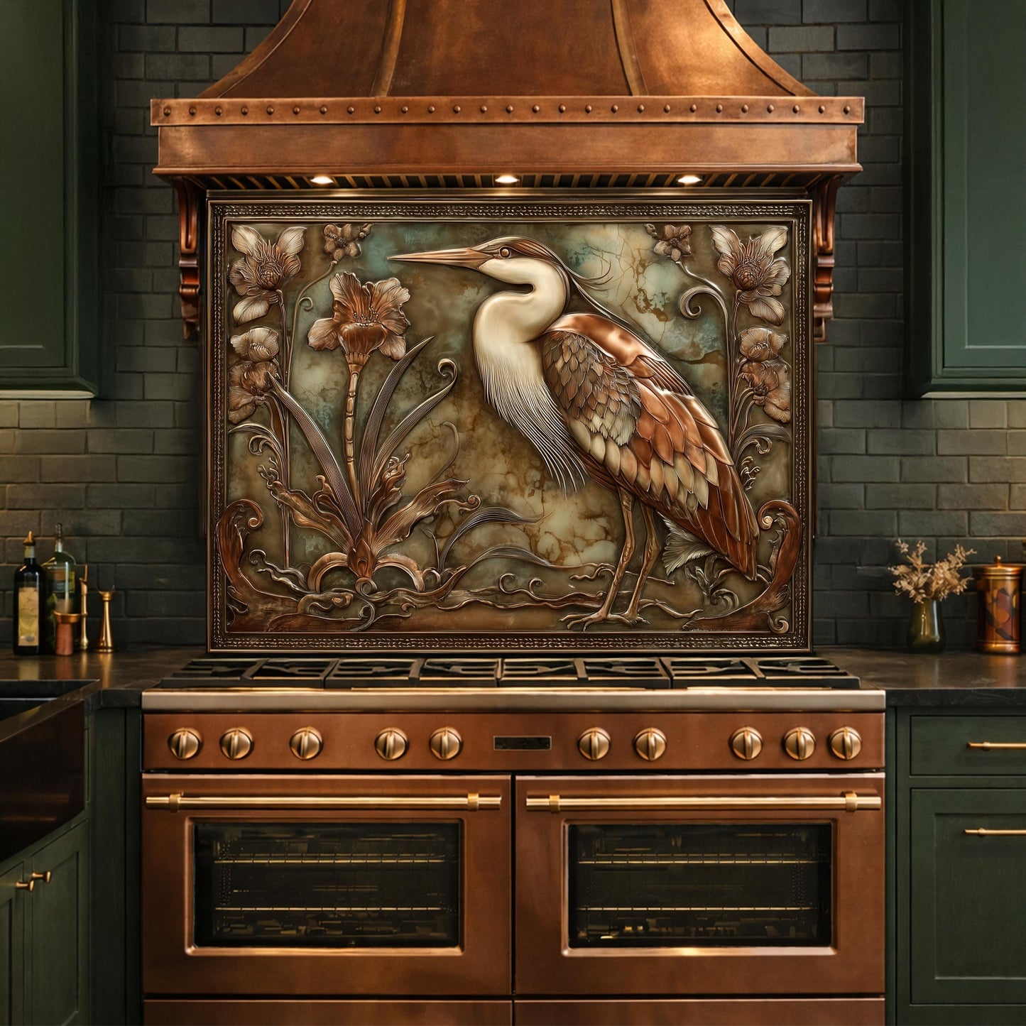 Blue Heron Botanical Tempered Glass Backsplash, Copper Look Floral Bird Wall Panel, Custom Size