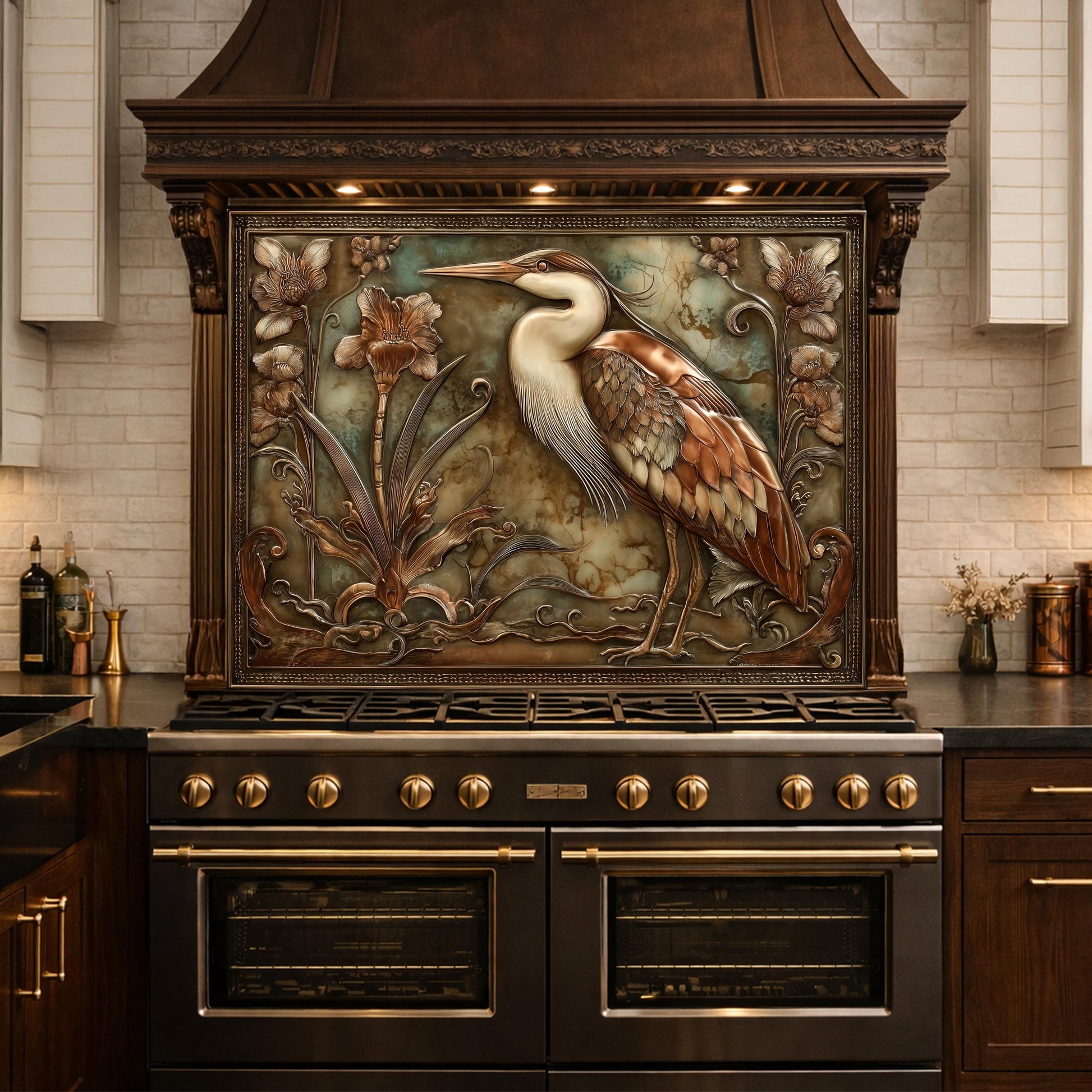Blue Heron Botanical Tempered Glass Backsplash, Copper Look Floral Bird Wall Panel, Custom Size