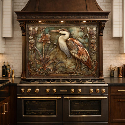 Blue Heron Botanical Tempered Glass Backsplash, Copper Look Floral Bird Wall Panel, Custom Size