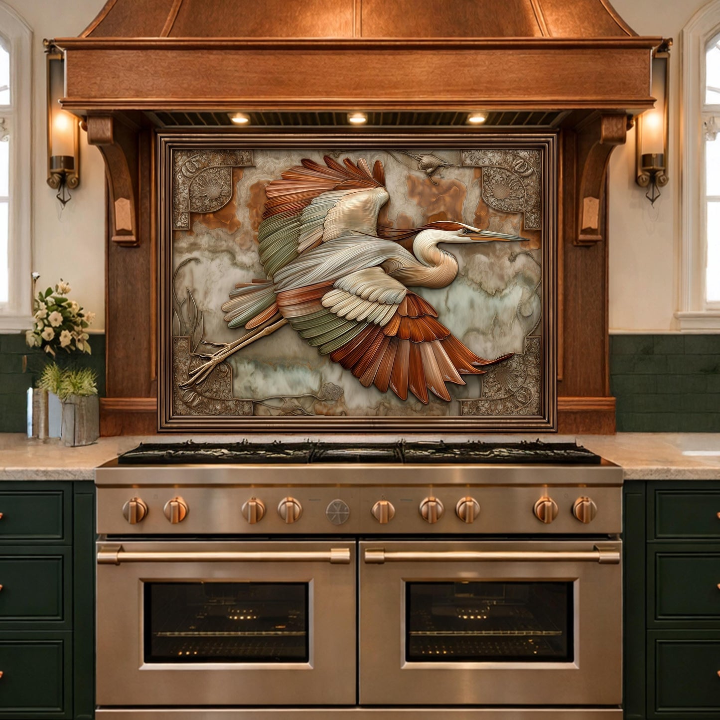 Blue Heron Flight Tempered Glass Backsplash, Copper Look Wetland Bird Wall Panel, Custom Size