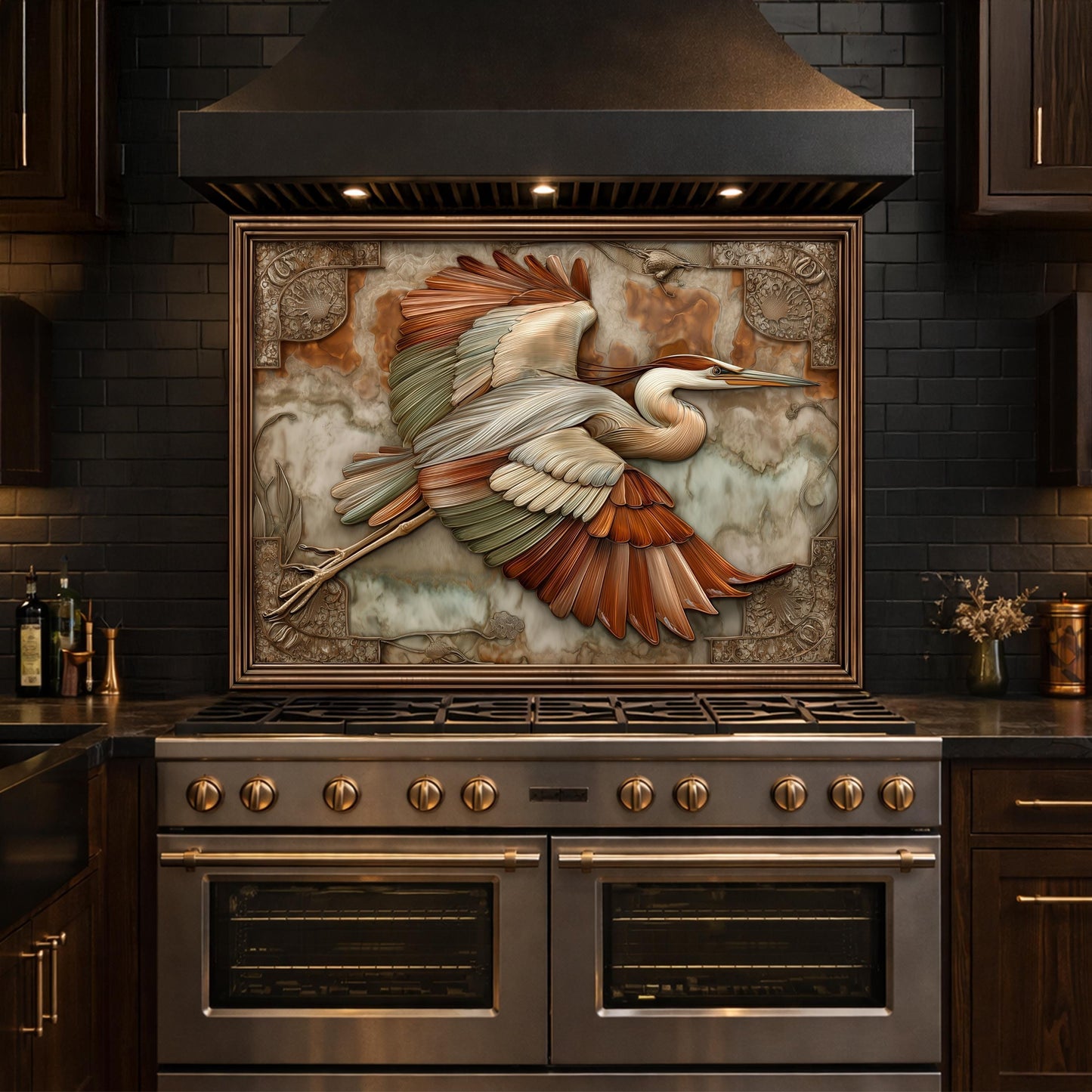 Blue Heron Flight Tempered Glass Backsplash, Copper Look Wetland Bird Wall Panel, Custom Size