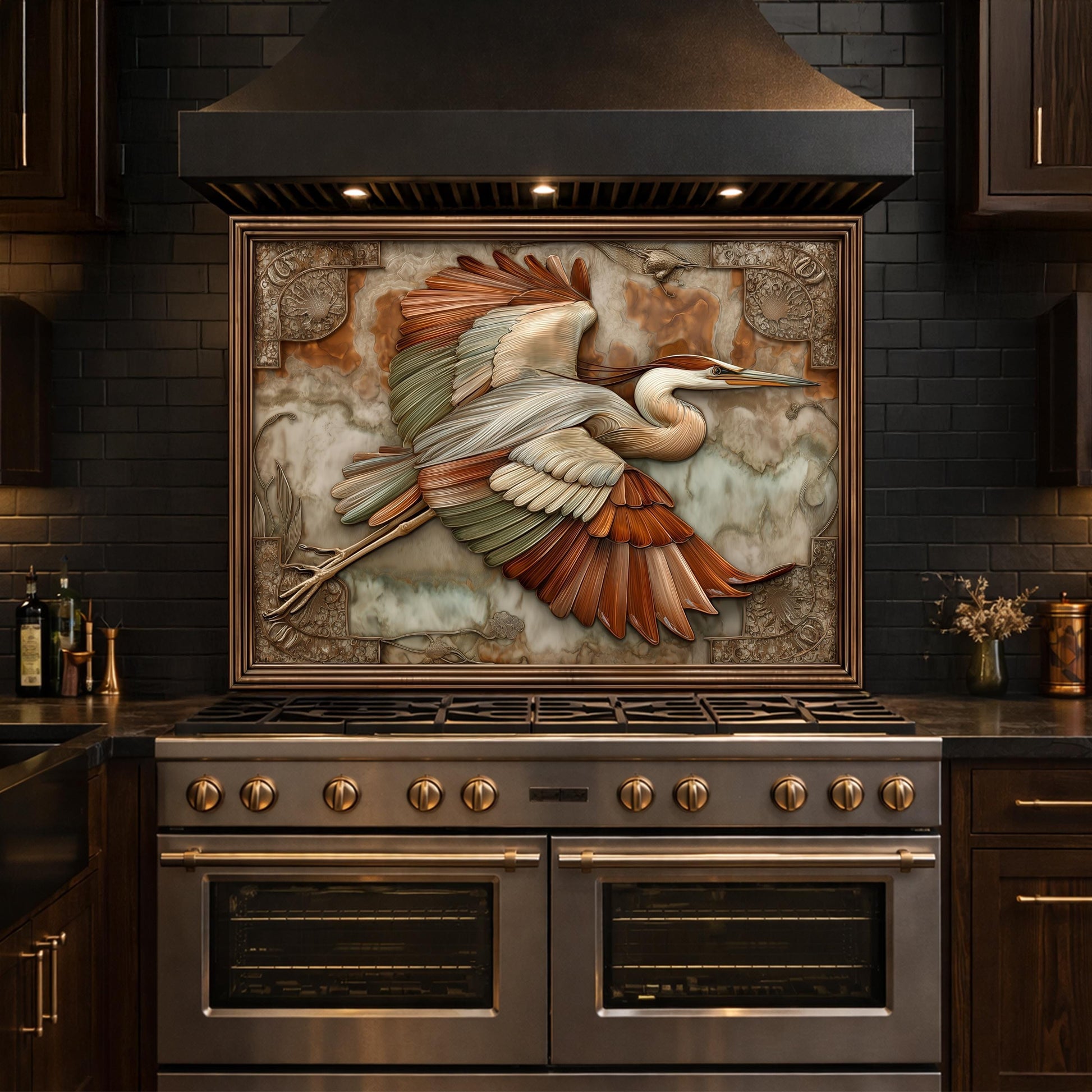 Blue Heron Flight Tempered Glass Backsplash, Copper Look Wetland Bird Wall Panel, Custom Size