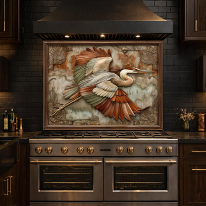 Blue Heron Flight Tempered Glass Backsplash, Copper Look Wetland Bird Wall Panel, Custom Size