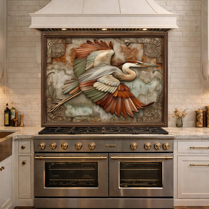 Blue Heron Flight Tempered Glass Backsplash, Copper Look Wetland Bird Wall Panel, Custom Size