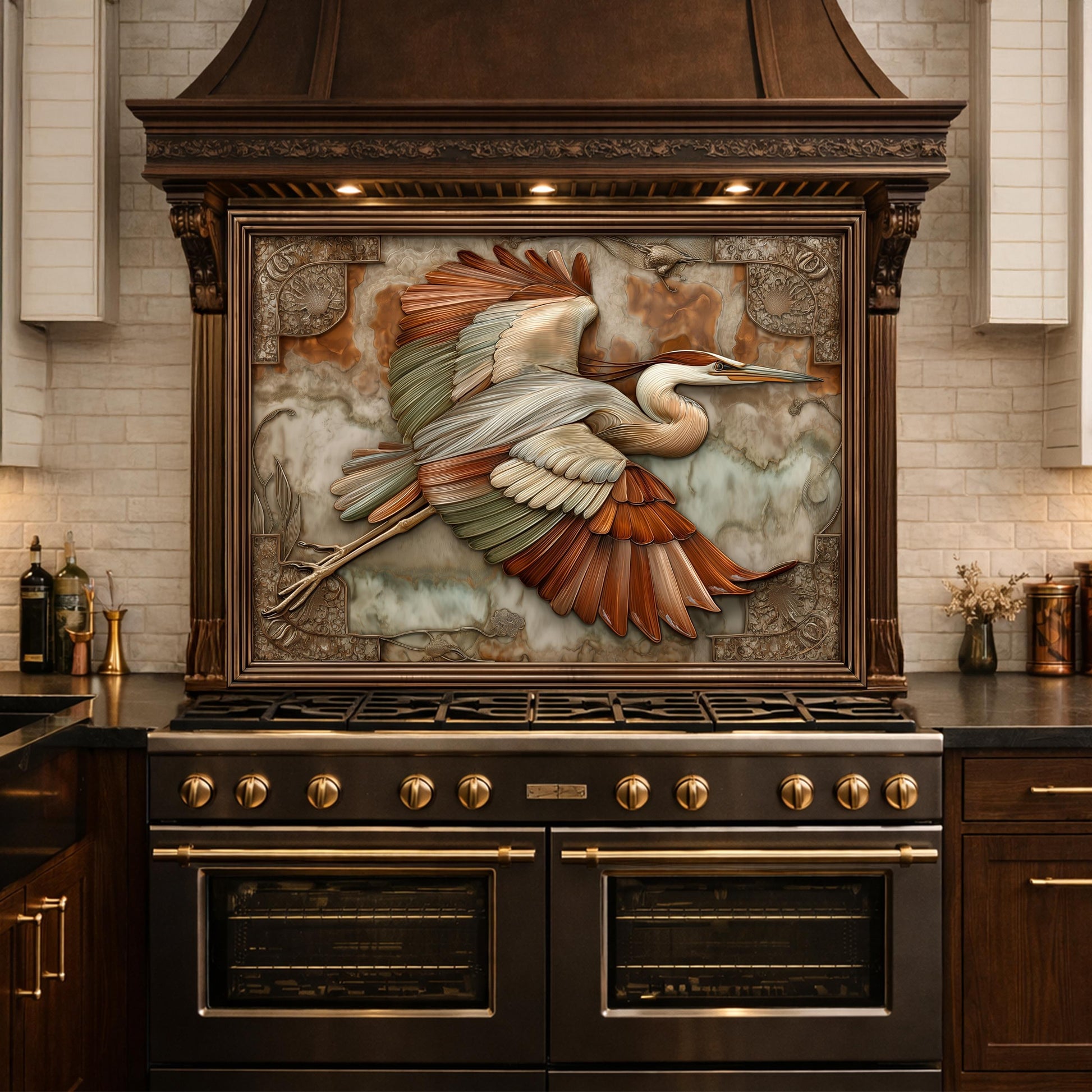Blue Heron Flight Tempered Glass Backsplash, Copper Look Wetland Bird Wall Panel, Custom Size