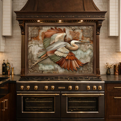 Blue Heron Flight Tempered Glass Backsplash, Copper Look Wetland Bird Wall Panel, Custom Size