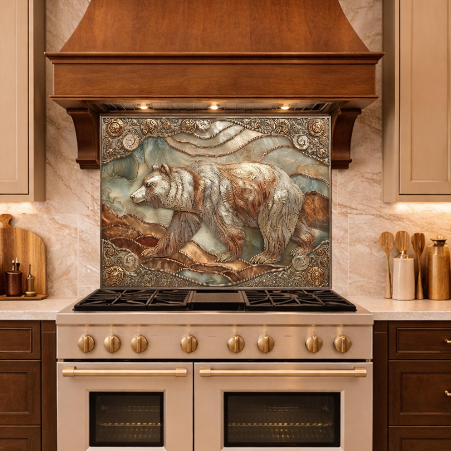 Grizzly Bear Tempered Glass Backsplash, Copper Look Wildlife Mountain Wall Panel, Custom Size