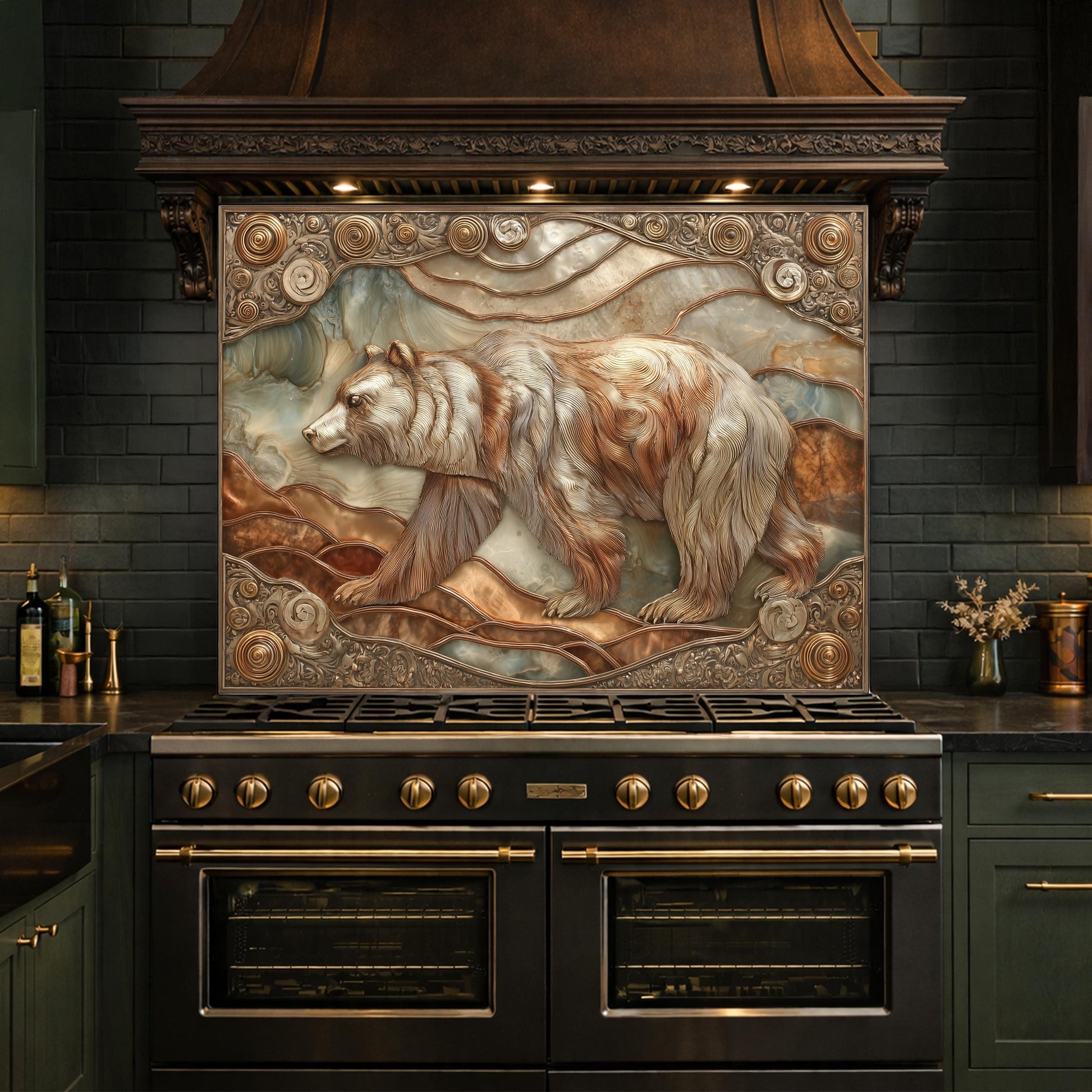 Grizzly Bear Tempered Glass Backsplash, Copper Look Wildlife Mountain Wall Panel, Custom Size