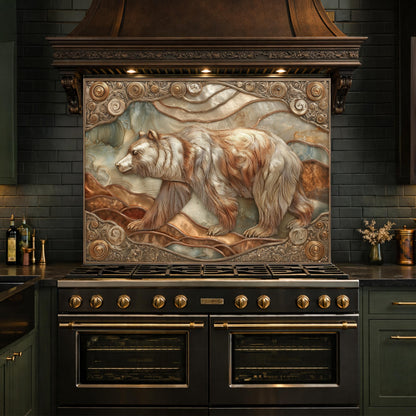 Grizzly Bear Tempered Glass Backsplash, Copper Look Wildlife Mountain Wall Panel, Custom Size