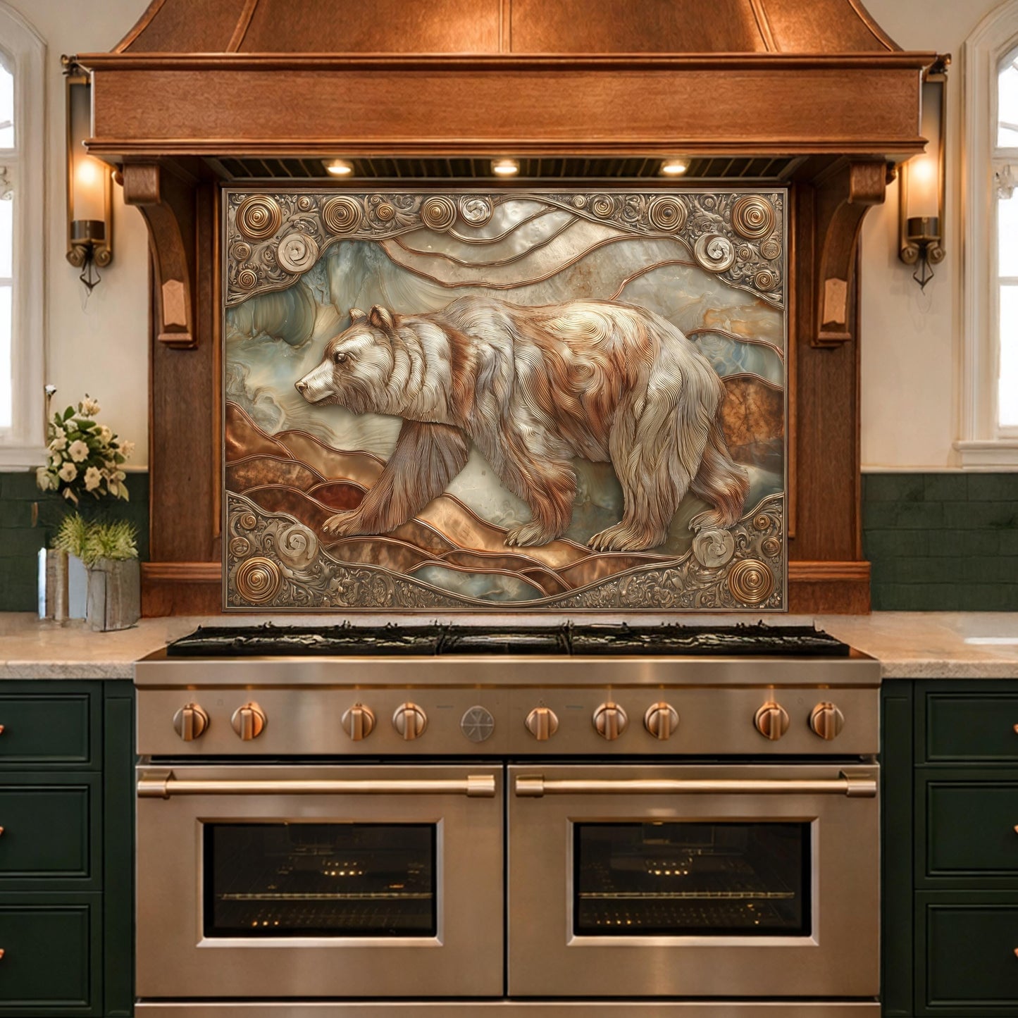 Grizzly Bear Tempered Glass Backsplash, Copper Look Wildlife Mountain Wall Panel, Custom Size