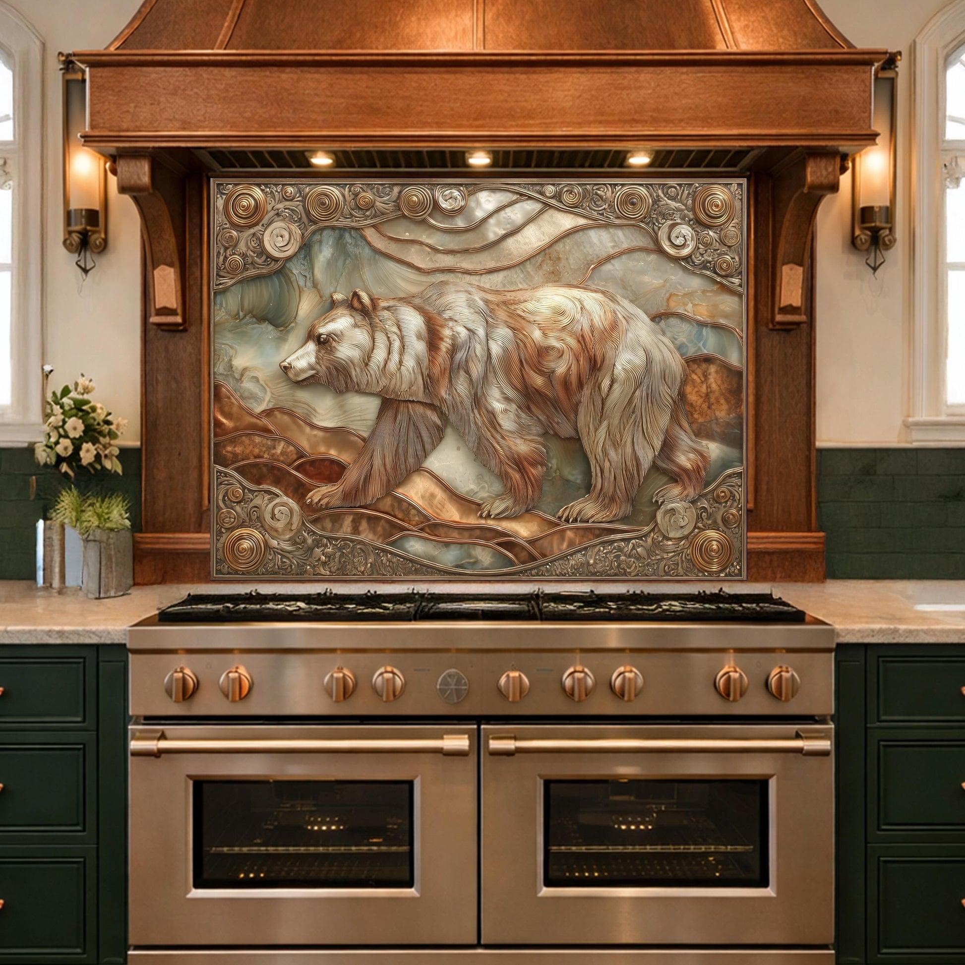 Grizzly Bear Tempered Glass Backsplash, Copper Look Wildlife Mountain Wall Panel, Custom Size